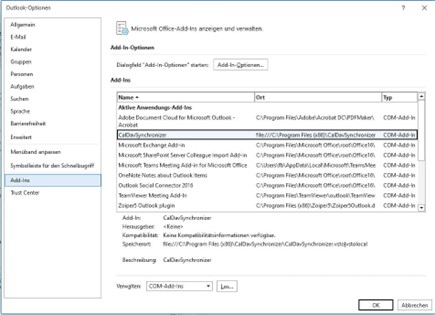 Outlook CalDavSynchronizer AddIn aktivieren