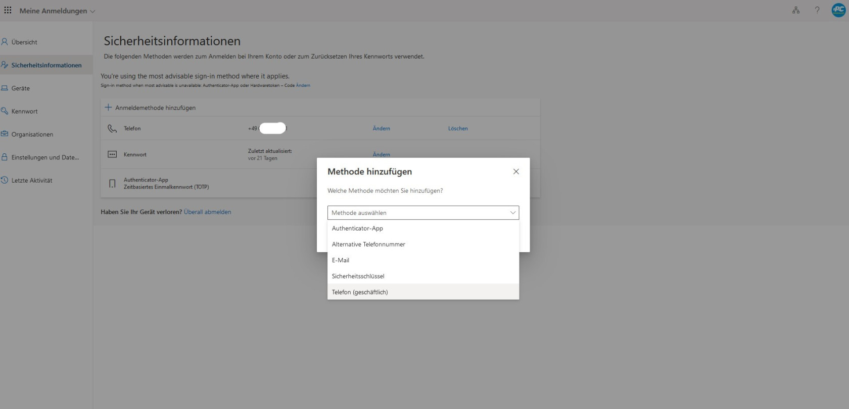 MFA mit Geschäftstelefon einrichten 1