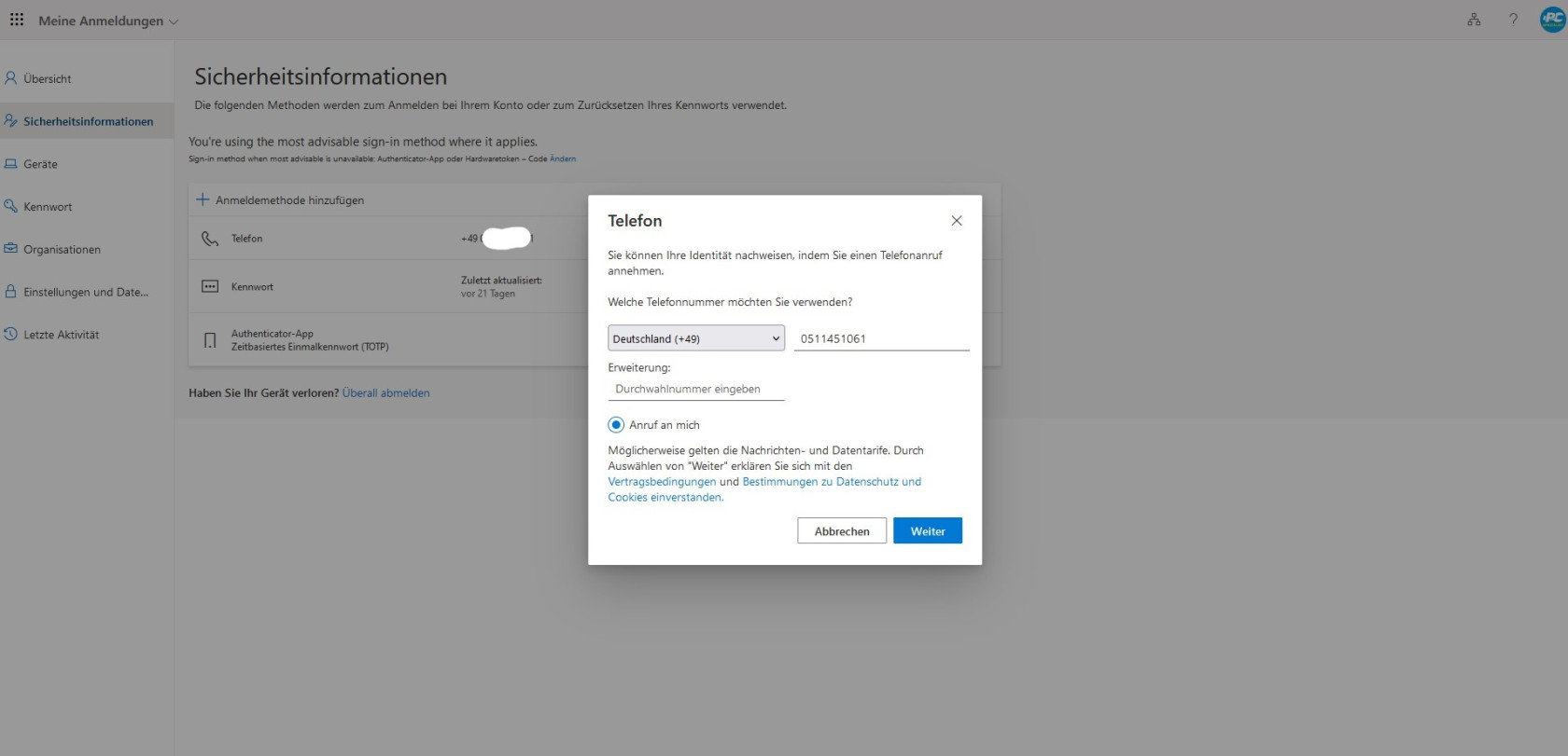 MFA mit Geschäftstelefon einrichten 2