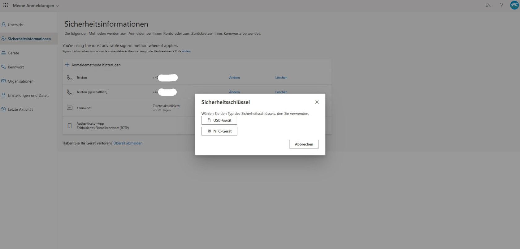 MFA mit Passkey einrichten 2