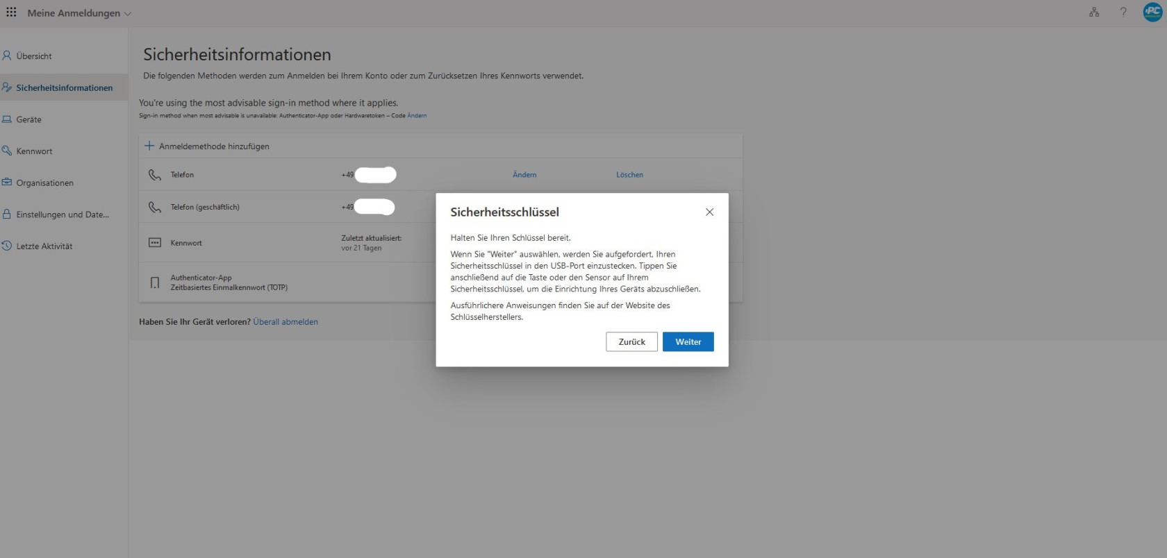 MFA mit Passkey einrichten 3