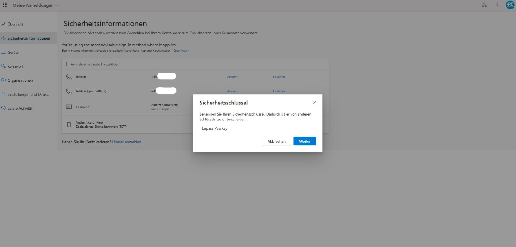 MFA mit Passkey einrichten 6