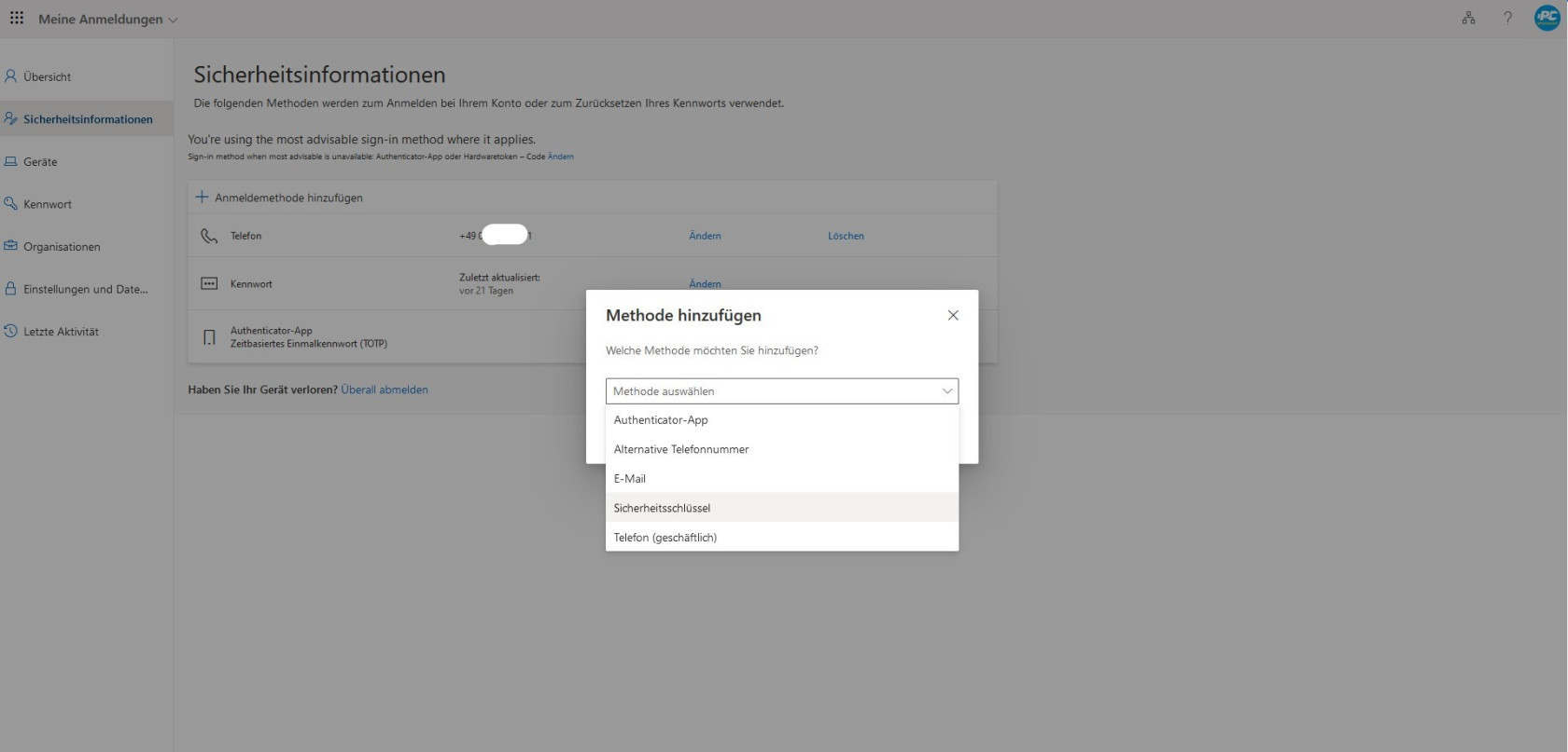 MFA mit Sicherheitsschlüssel einrichten 1