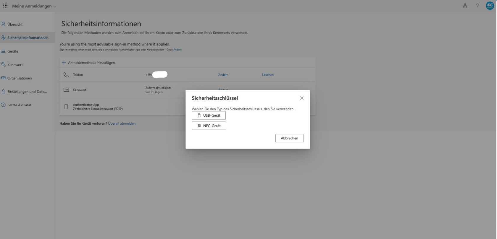 MFA mit Sicherheitsschlüssel einrichten 2