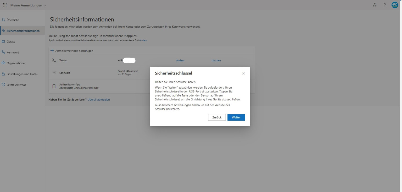 MFA mit Sicherheitsschlüssel einrichten 3