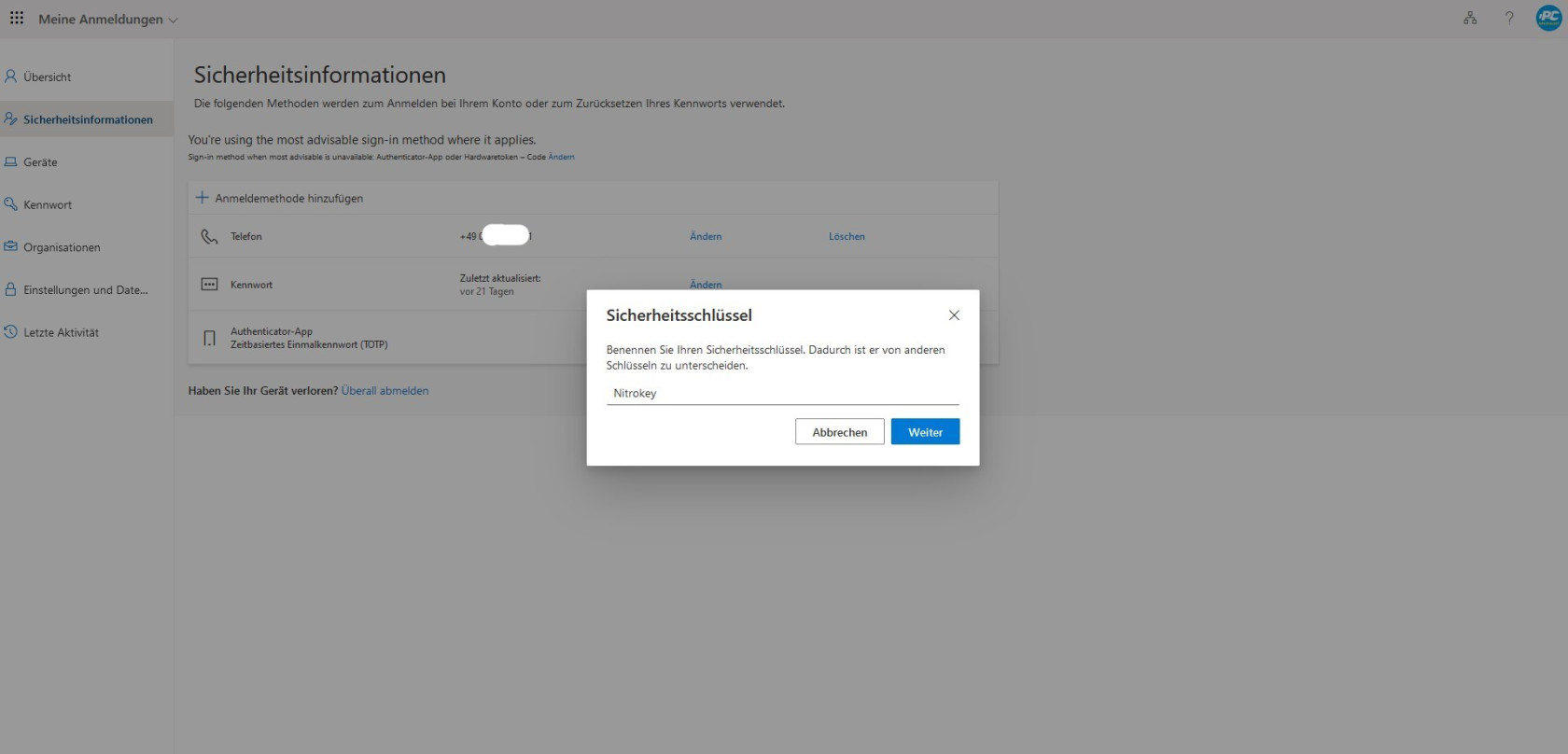 MFA mit Sicherheitsschlüssel einrichten 7