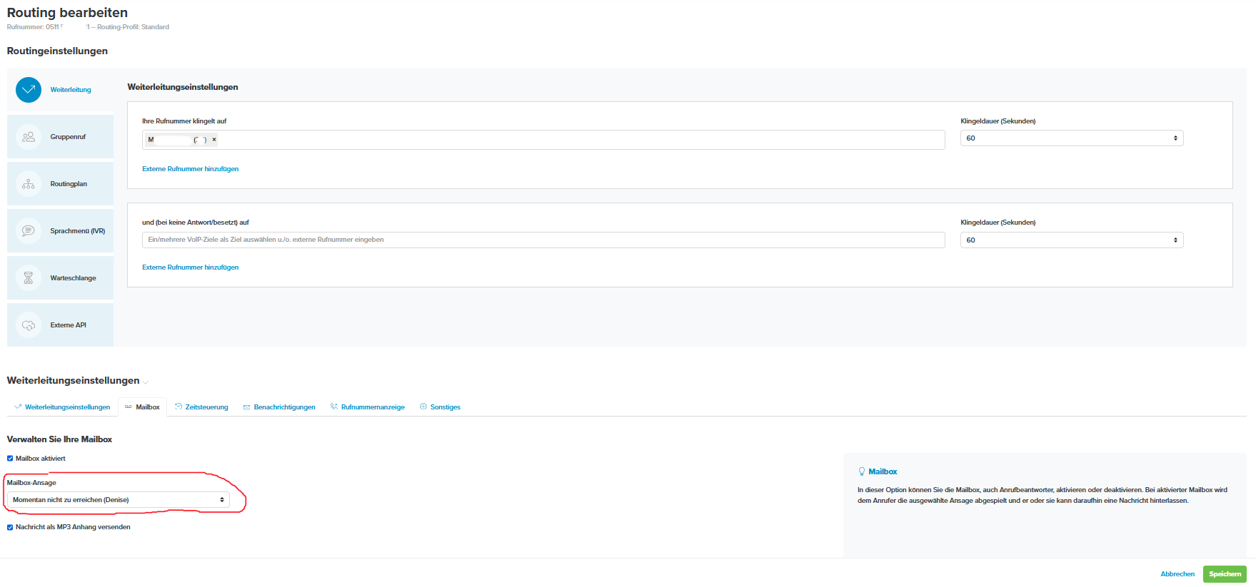 Placetel Mailbox-Ansage