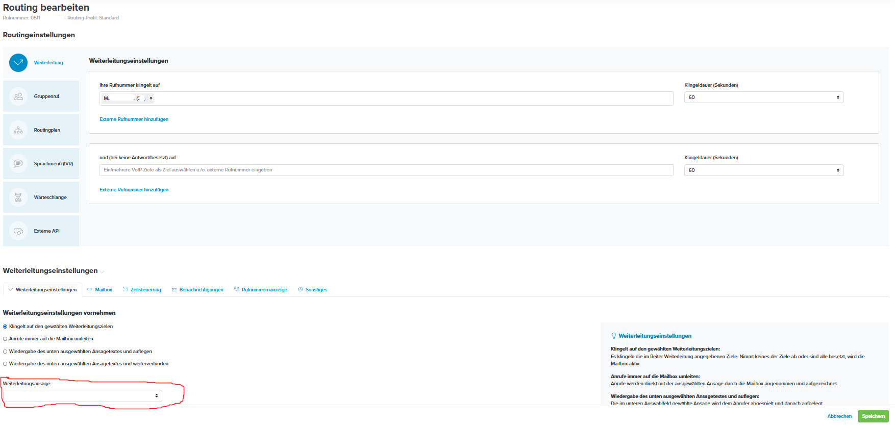 Placetel Weiterleitungsansage