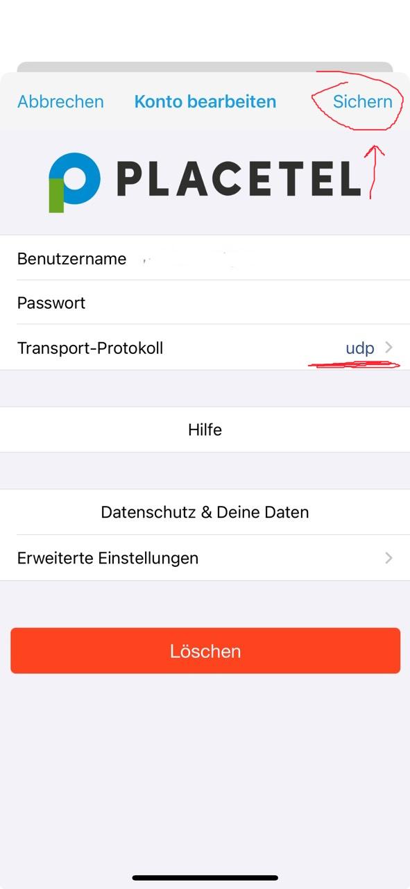 Placetel iOS App Transportprotokoll 5
