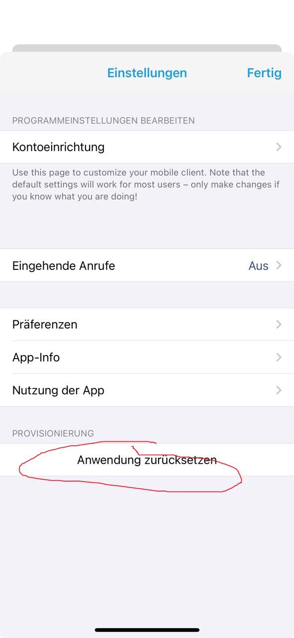 Placetel iOS App zurücksetzen